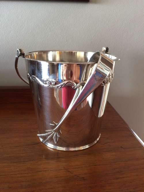 Silverplate ice bucket with strainer and tongs